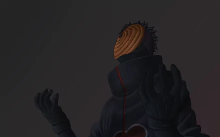 Obito Uchiha from Naruto anime stands with arms raised, wearing his signature mask and Akatsuki cloak, set against a dark background in this HD PC desktop wallpaper.