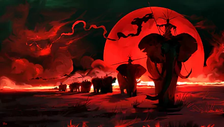 HD fantasy wallpaper featuring a line of elephants in a dark landscape, set against a striking red moon.