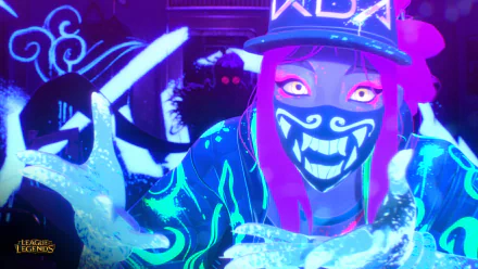 HD wallpaper featuring Akali from K/DA in League of Legends, displaying neon colors and an urban aesthetic.