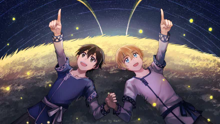 HD desktop wallpaper featuring Kirito (Kazuto Kirigaya) and Eugeo from Sword Art Online: Alicization, lying on the ground under a starry sky, pointing upwards.