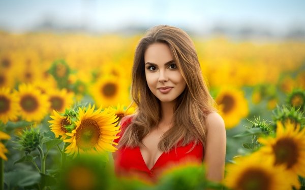 Women Model Brunette Brown Eyes Sunflower Depth Of Field Summer Smile HD Wallpaper | Background Image