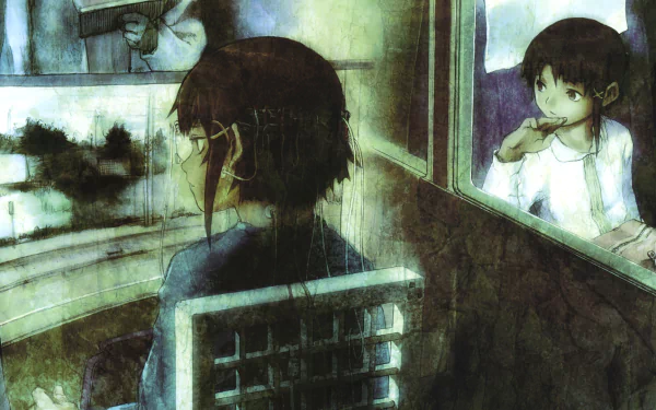HD PC desktop wallpaper featuring Lain Iwakura from the anime Serial Experiments Lain, with a reflective, moody atmosphere and detailed, artistic style.