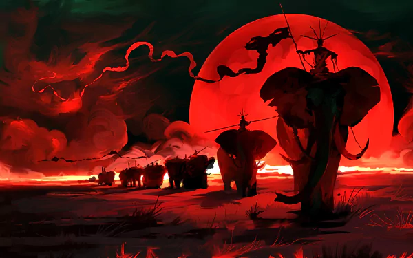 HD fantasy wallpaper featuring a line of elephants in a dark landscape, set against a striking red moon.