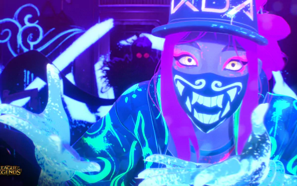 HD wallpaper featuring Akali from K/DA in League of Legends, displaying neon colors and an urban aesthetic.