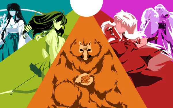 Anime InuYasha 2K Quad HD PC desktop wallpaper/background: bold split-color panels featuring InuYasha and other characters flanking a large central furry demon.