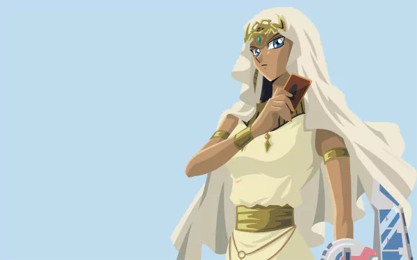 4K Ultra HD anime wallpaper featuring Ishizu Ishtar from Yu-Gi-Oh!, depicted in traditional attire holding a card against a clear blue sky background.