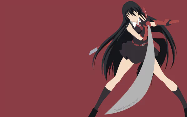 Akame (Akame ga Kill!) anime 4K Ultra HD PC desktop wallpaper: Akame in a combat pose, long black hair and large sword against a maroon background.