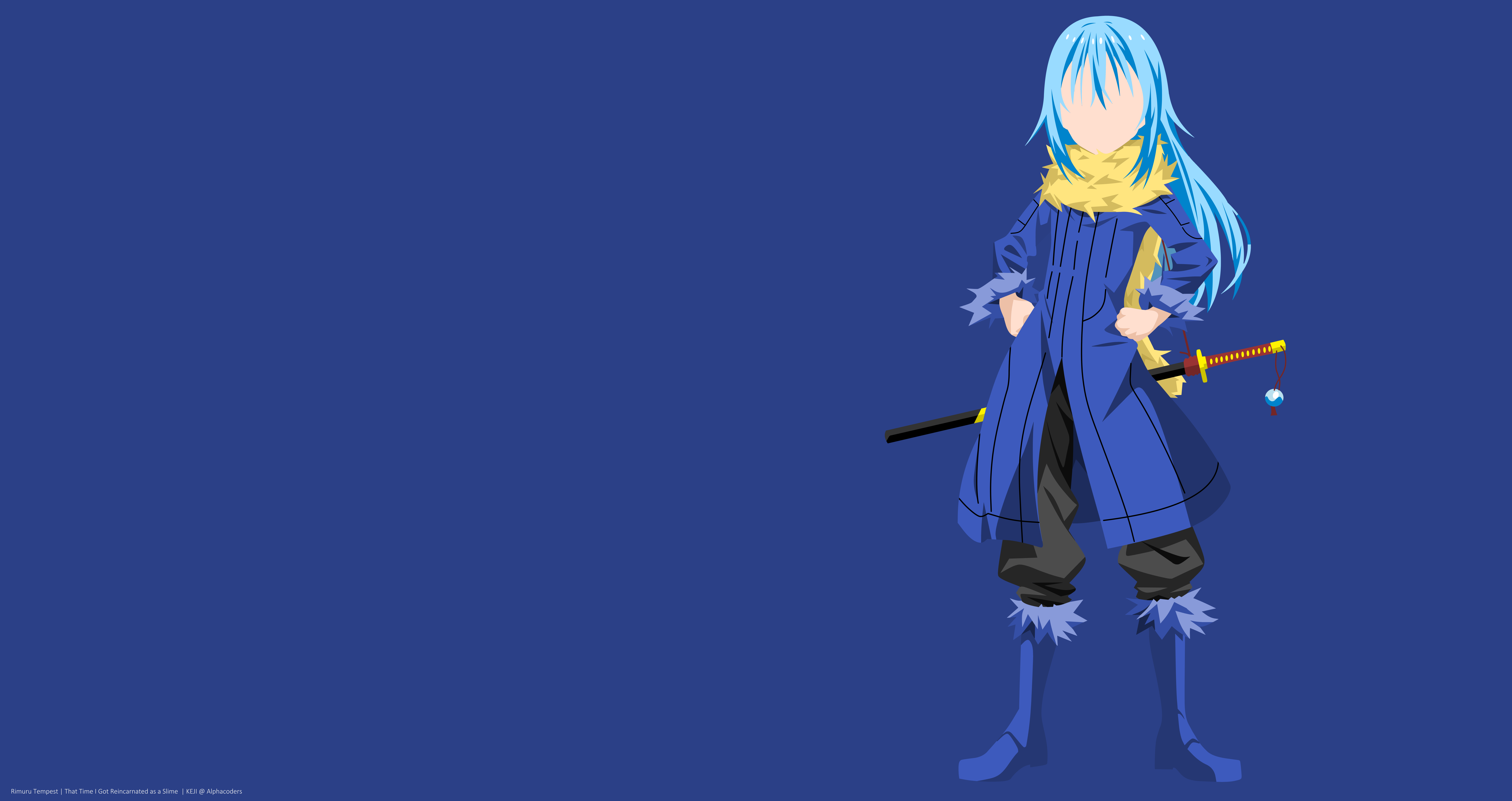 HD desktop wallpaper of Rimuru Tempest from That Time I Got Reincarnated as a Slime, depicted in a minimalist style with a sword on a blue background.