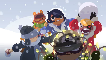 HD desktop wallpaper featuring characters from Full Metal Furies in a whimsical, snow-filled scene.