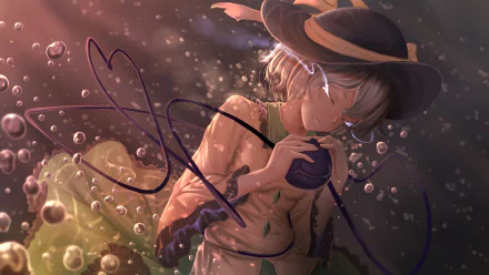 Koishi Komeiji (Touhou) in soft, dreamy lighting with bubbles and floating particles, eyes closed, clutching her closed third-eye charm; illustrated anime HD PC desktop wallpaper/background.
