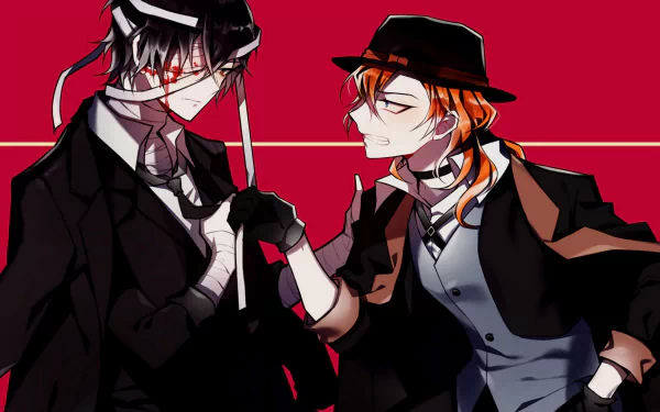 HD anime desktop wallpaper featuring Osamu Dazai and Chuuya Nakahara from Bungou Stray Dogs, set against a bold red background.
