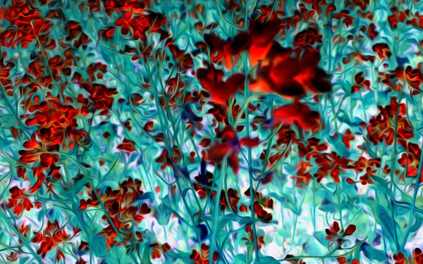 An artistic HD oil painting of vibrant red flowers against an aqua blue background, creating a stunning floral desktop wallpaper.