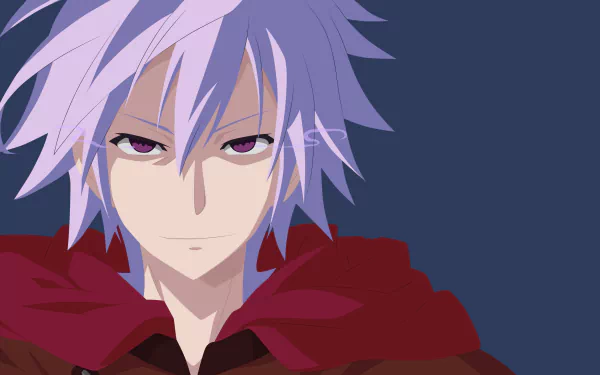 Riku Dola from the anime No Game No Life: close-up portrait with pale lavender hair and red cloak against a deep blue backdrop — 4K Ultra HD PC desktop wallpaper.