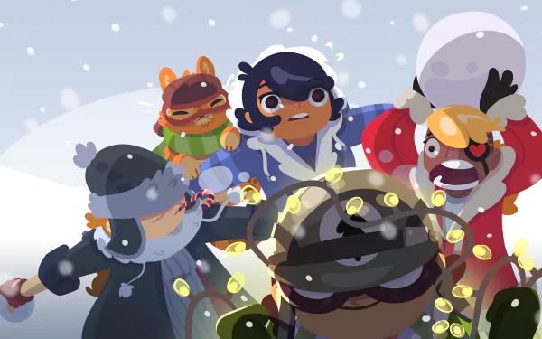 HD desktop wallpaper featuring characters from Full Metal Furies in a whimsical, snow-filled scene.