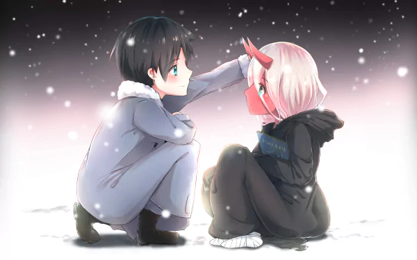HD desktop wallpaper of Hiro and Zero Two from Darling in the FranXX sharing a tender moment in a snowy setting.
