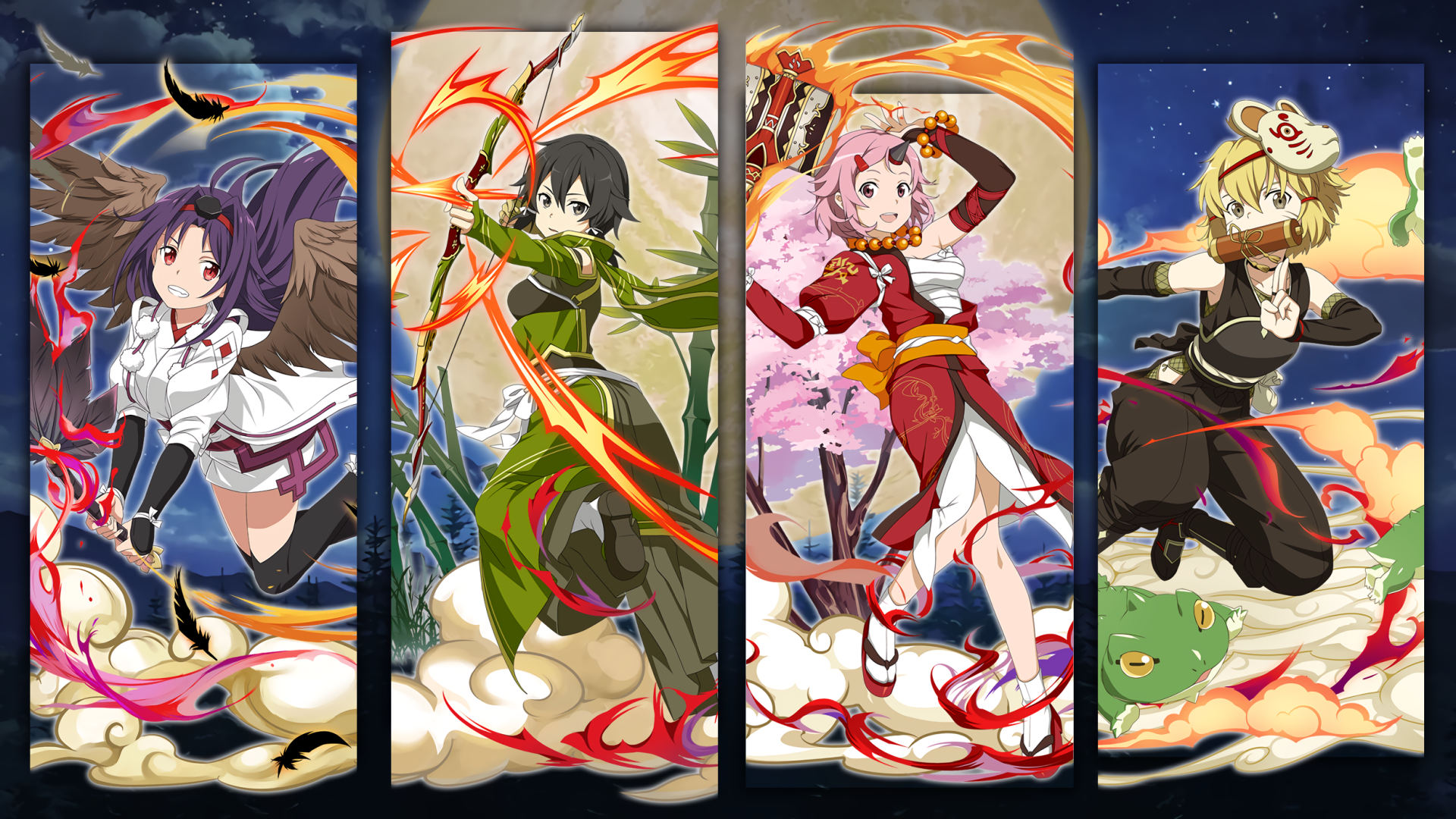 HD PC desktop wallpaper featuring Yuuki Konno and other characters from Sword Art Online: Memory Defrag in dynamic anime poses with vibrant backgrounds.