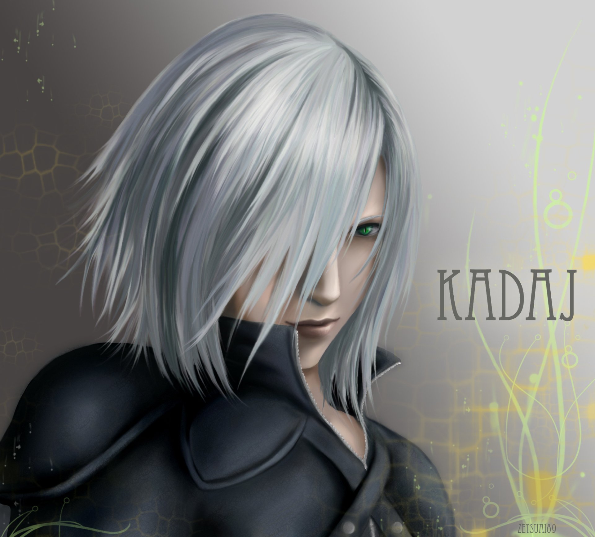 HD PC wallpaper of Kadaj (Final Fantasy VII): silver-haired, green-eyed figure in a dark coat with part of his face hidden, KADAJ lettering and yellow abstract accents.
