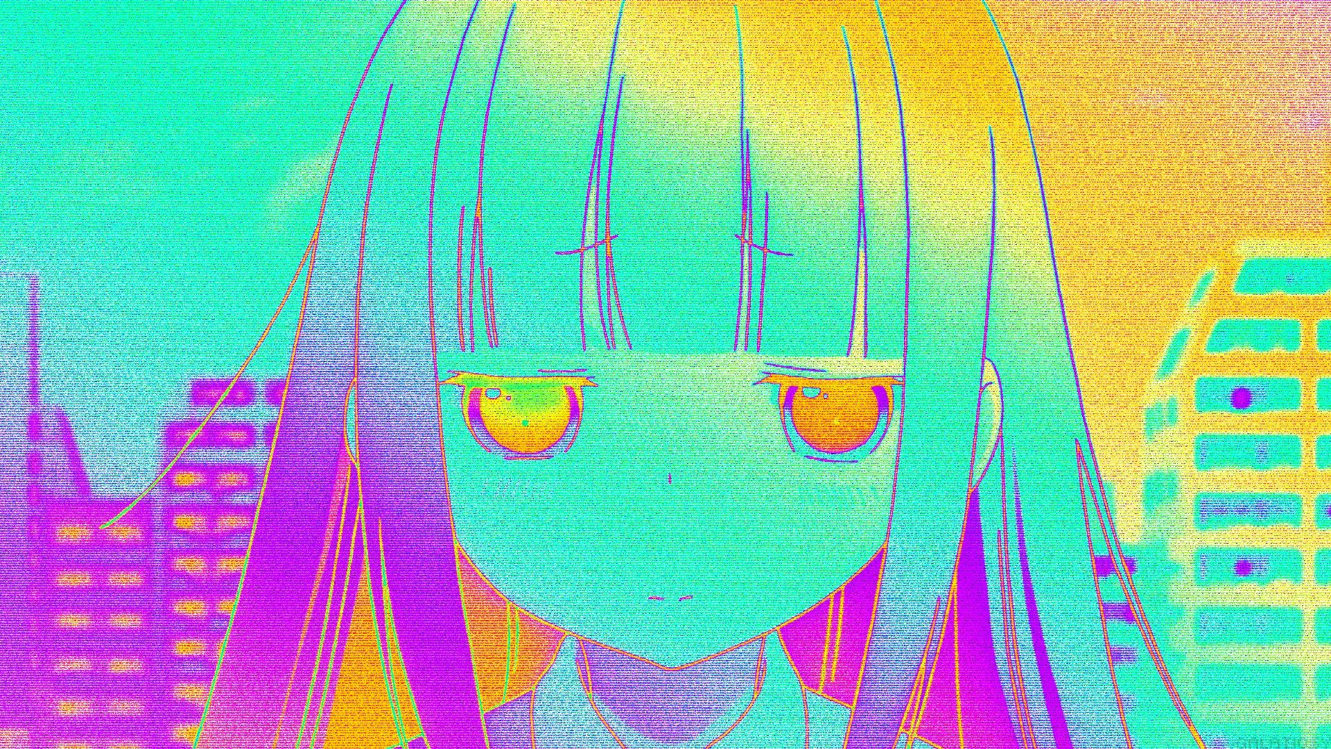 Aesthetic anime wallpaper featuring a colorful character with long hair and expressive eyes, set against a vibrant urban background. 4K Ultra HD quality enhances the visual appeal.