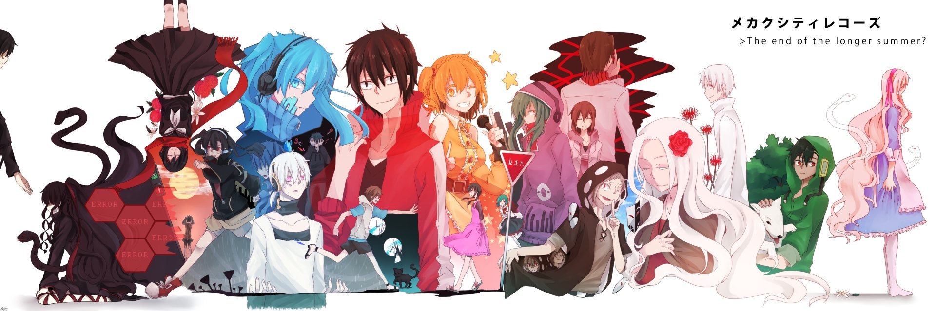 Panoramic 2K Quad HD PC desktop wallpaper showing Kagerou Project anime characters lined across a white background, each in vivid, distinct outfits and poses.
