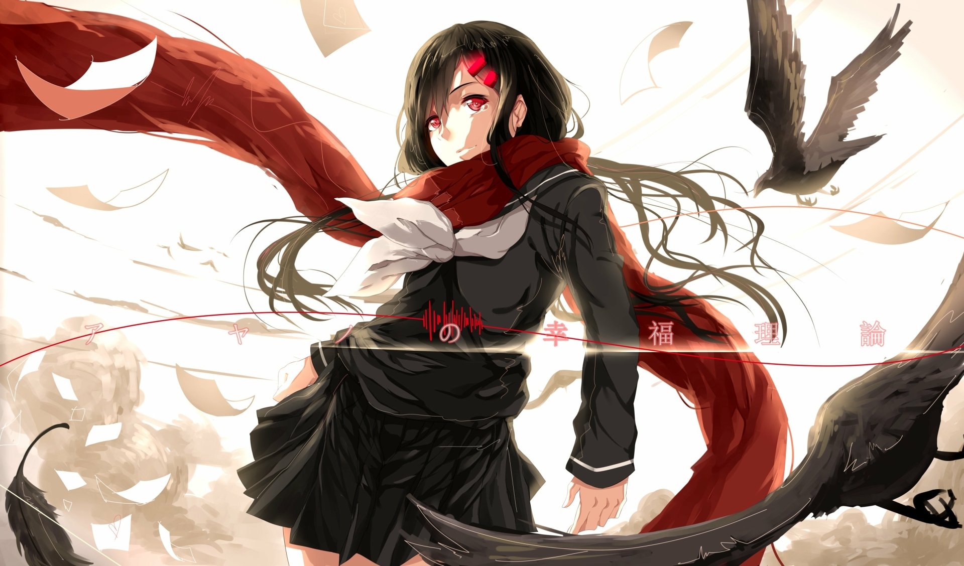 Ayano Tateyama from Kagerou Project, anime portrait with flowing red scarf, forehead mark, wind-swept hair and crows amid scattered feathers — 2K Quad HD PC desktop wallpaper/background.