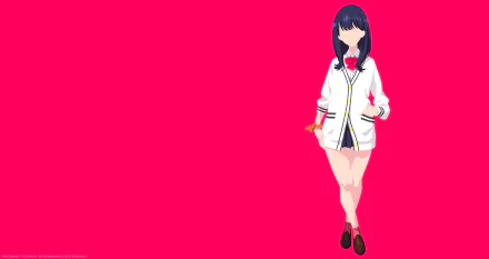 Minimalist 8K Ultra HD anime wallpaper featuring Rikka Takarada from SSSS.Gridman with blue hair, standing against a vibrant pink background.