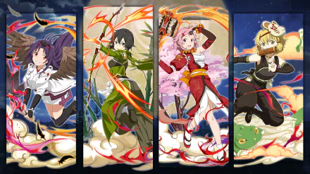 HD PC desktop wallpaper featuring Yuuki Konno and other characters from Sword Art Online: Memory Defrag in dynamic anime poses with vibrant backgrounds.