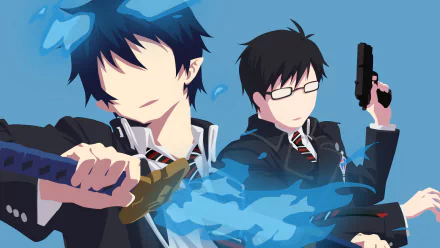 Minimalist HD anime wallpaper featuring Blue Exorcist characters Yukio and Rin Okumura in ties, glasses, wielding a katana and pistol with glowing blue effects.