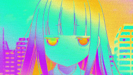 Aesthetic anime wallpaper featuring a colorful character with long hair and expressive eyes, set against a vibrant urban background. 4K Ultra HD quality enhances the visual appeal.