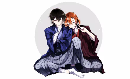 HD anime desktop wallpaper featuring Chuuya Nakahara and Osamu Dazai from Bungou Stray Dogs in traditional attire against a soft circular background.