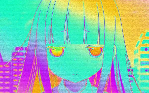 Aesthetic anime wallpaper featuring a colorful character with long hair and expressive eyes, set against a vibrant urban background. 4K Ultra HD quality enhances the visual appeal.