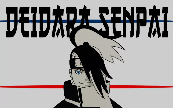 4K Ultra HD PC desktop wallpaper of Deidara (Naruto) anime: stylized monochrome portrait, bright blue eye, bold DEIDARA SENPAI text and thin red and blue accent lines.