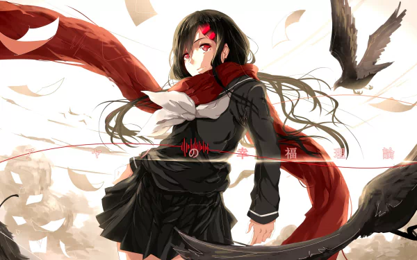Ayano Tateyama from Kagerou Project, anime portrait with flowing red scarf, forehead mark, wind-swept hair and crows amid scattered feathers — 2K Quad HD PC desktop wallpaper/background.