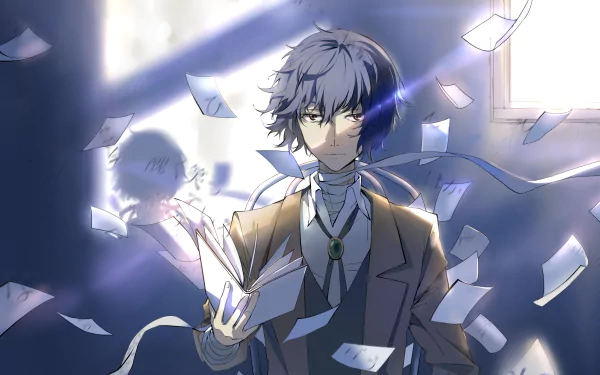 Osamu Dazai (Bungou Stray Dogs) anime portrait with floating papers and moody blue light — 2K Quad HD PC desktop wallpaper/background.