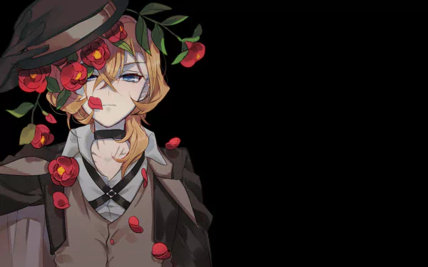 HD anime desktop wallpaper featuring Chuuya Nakahara from Bungou Stray Dogs, adorned with red camellia flowers against a dark background.