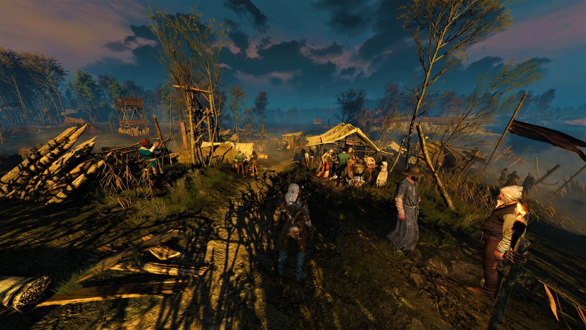 8K Ultra HD desktop wallpaper featuring a detailed scene from The Witcher 3: Wild Hunt video game, showcasing characters and a rustic village under a dramatic sky.