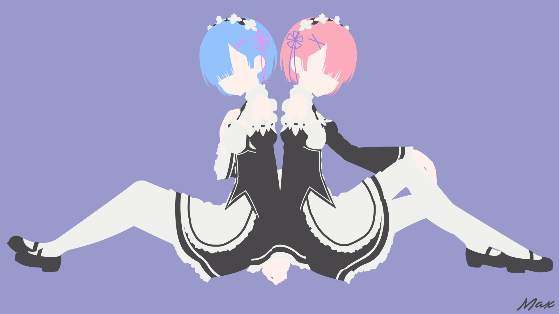 Minimalist 8K Ultra HD anime wallpaper featuring Ram and Rem from Re:Zero, dressed in matching black maid dresses with pantyhose, blue and pink short hair, and headbands.