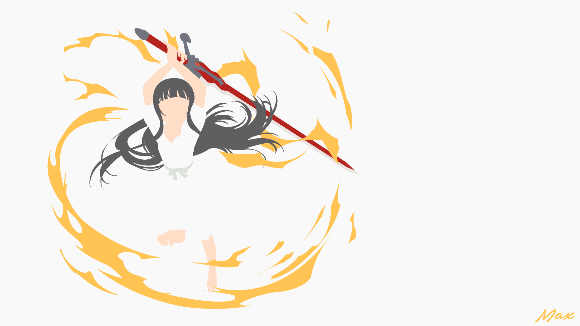 HD PC desktop wallpaper of Yui (Sword Art Online): minimalist anime figure with flowing black hair and a red spear, surrounded by golden brushstroke swirls on a white background.