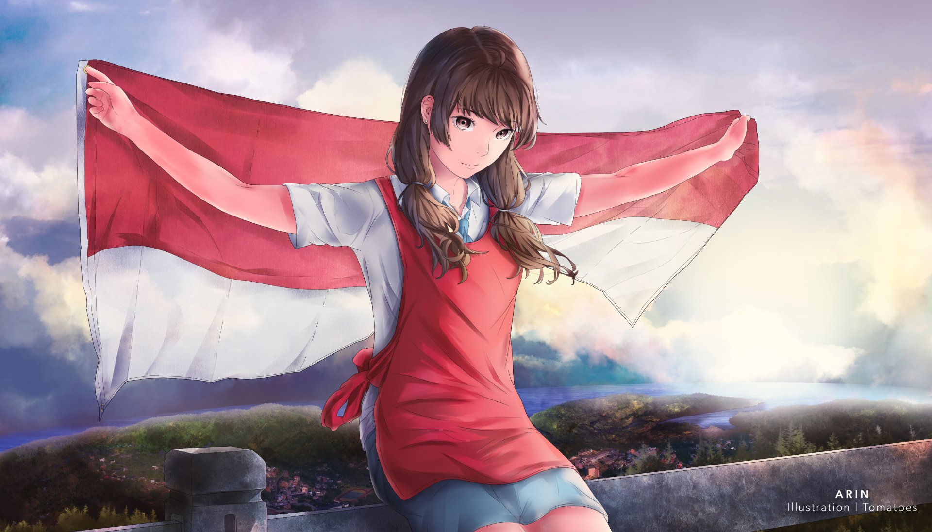 Anime-style original art of a girl holding a red and white flag, set against a scenic landscape at sunset, designed as a 4K Ultra HD PC desktop wallpaper.