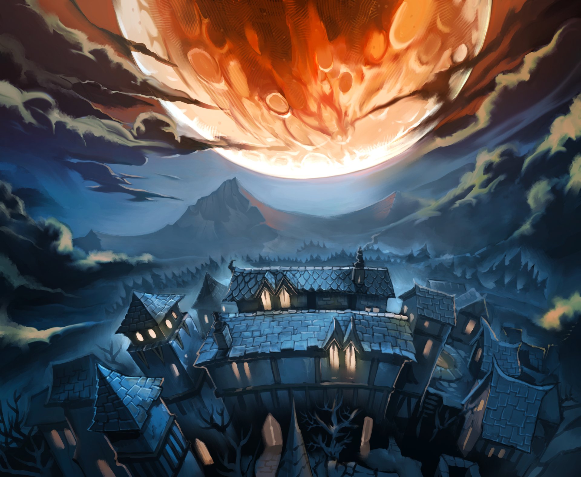 HD PC desktop wallpaper featuring a dramatic scene from Hearthstone: Heroes of Warcraft, with a fiery celestial body looming over a medieval village under a dark, cloudy sky.