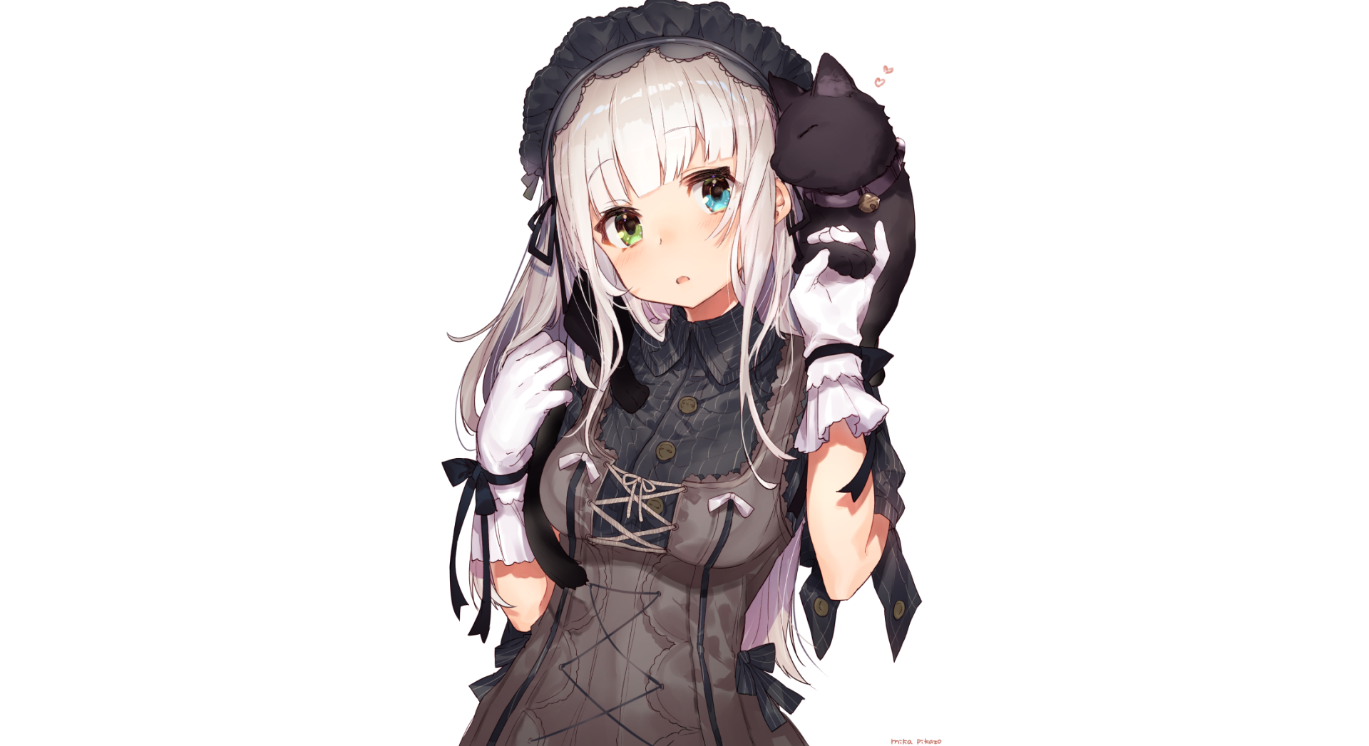 HD anime desktop wallpaper featuring an original character with heterochromia, wearing a detailed gothic-style outfit and holding a black cat.