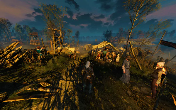 8K Ultra HD desktop wallpaper featuring a detailed scene from The Witcher 3: Wild Hunt video game, showcasing characters and a rustic village under a dramatic sky.