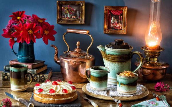 A 4K Ultra HD still life featuring a copper teapot, ceramic cups, cake, flowers, vintage lantern, knives, spoons, and framed paintings on a blue background.