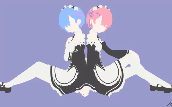 Minimalist 8K Ultra HD anime wallpaper featuring Ram and Rem from Re:Zero, dressed in matching black maid dresses with pantyhose, blue and pink short hair, and headbands.