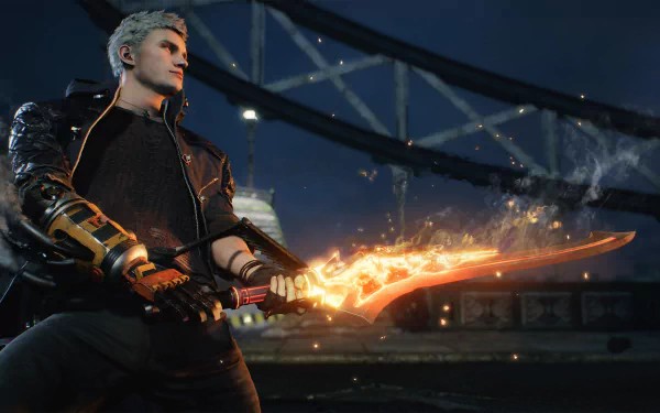 Nero from Devil May Cry 5 wields a fiery sword in a dynamic 4K Ultra HD PC desktop wallpaper scene from the video game.