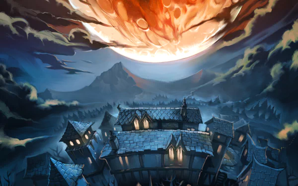 HD PC desktop wallpaper featuring a dramatic scene from Hearthstone: Heroes of Warcraft, with a fiery celestial body looming over a medieval village under a dark, cloudy sky.