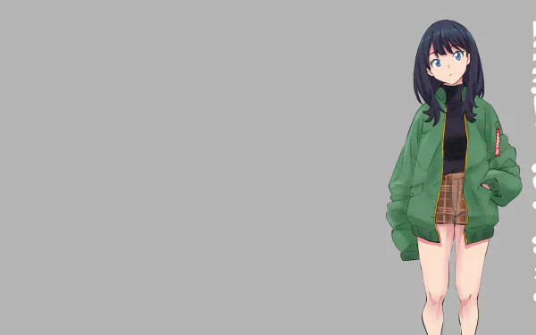 Rikka Takarada from SSSS.Gridman stands against a gray background in this 4K Ultra HD anime desktop wallpaper, featuring her green jacket and casual outfit.