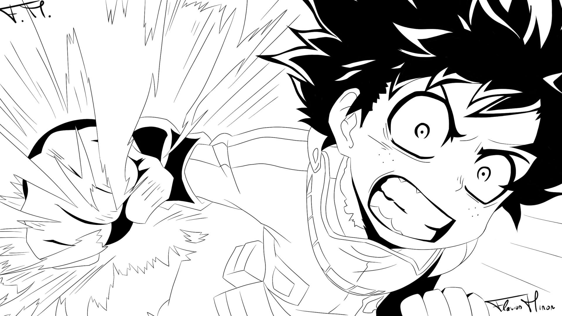 Black-and-white HD PC desktop wallpaper of Izuku Midoriya (My Hero Academia), anime-style, shouting as energy bursts from his outstretched hand in a dynamic manga composition.