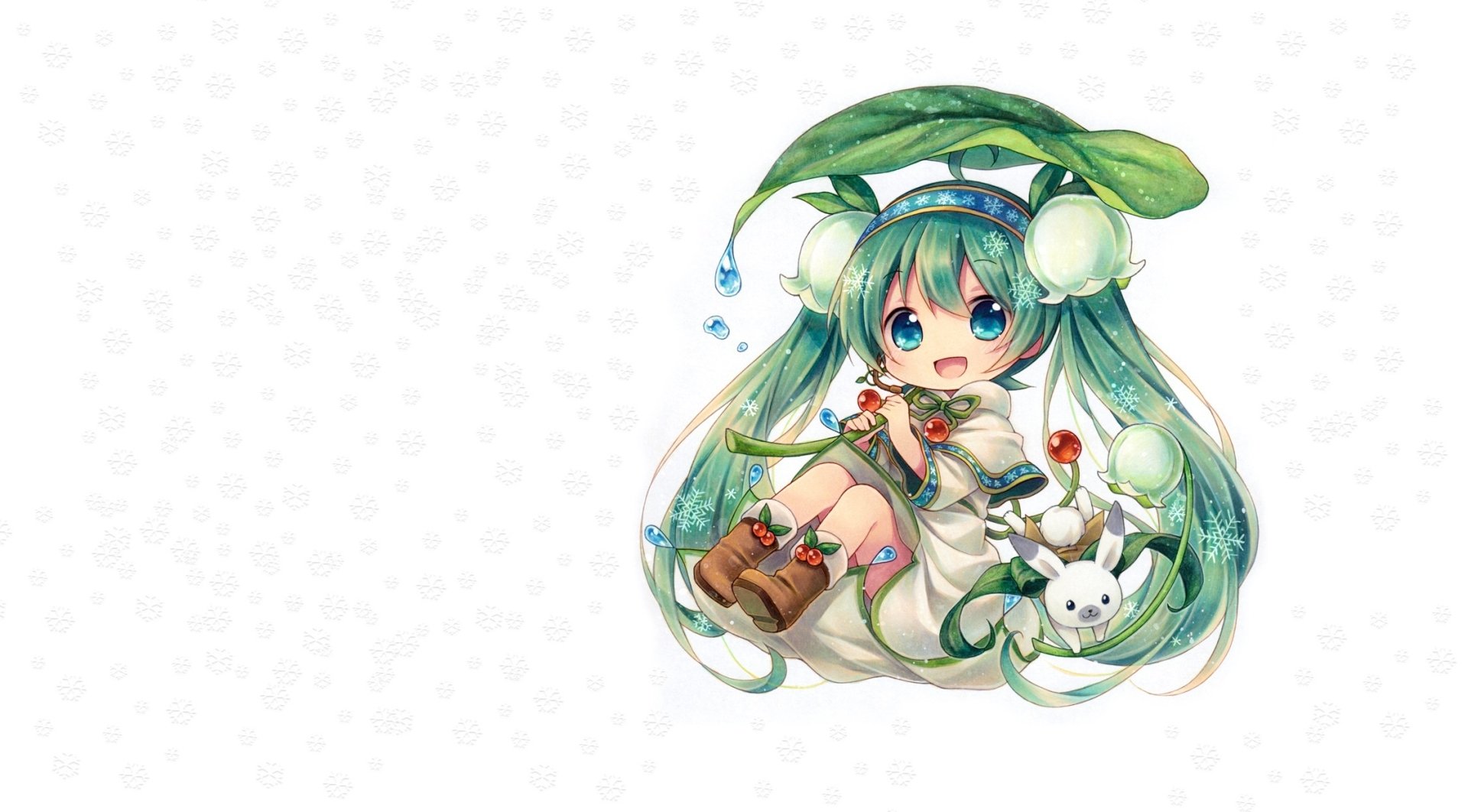 HD PC desktop wallpaper featuring Hachune Miku, the anime-style Vocaloid character, with green-themed hair accessories and a cute, playful pose.