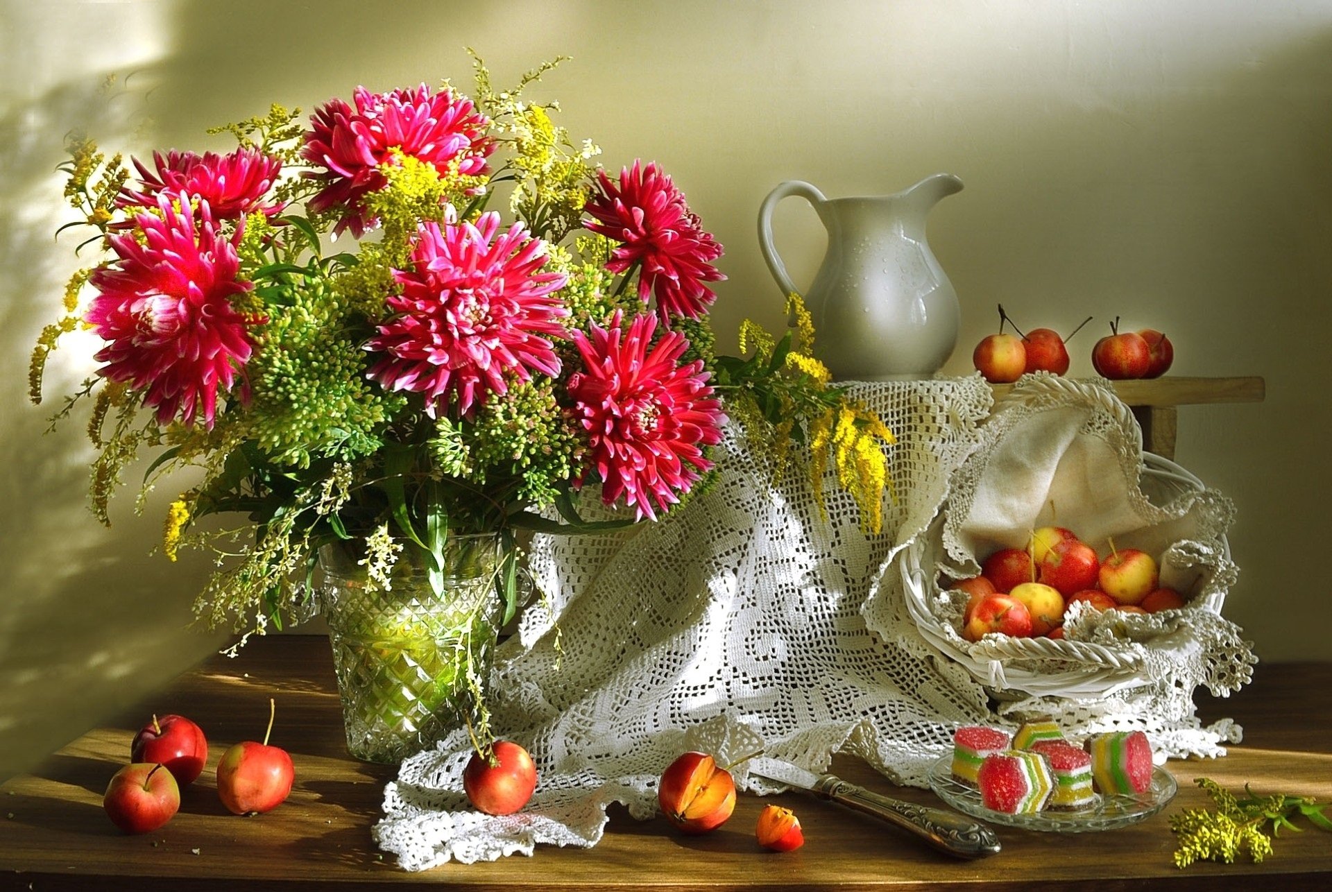 Download Lace Vase Apple Flower Photography Still Life HD Wallpaper