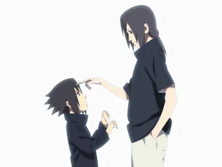 Anime HD desktop wallpaper of Naruto showing Itachi Uchiha gently tapping young Sasuke's forehead against a white background.